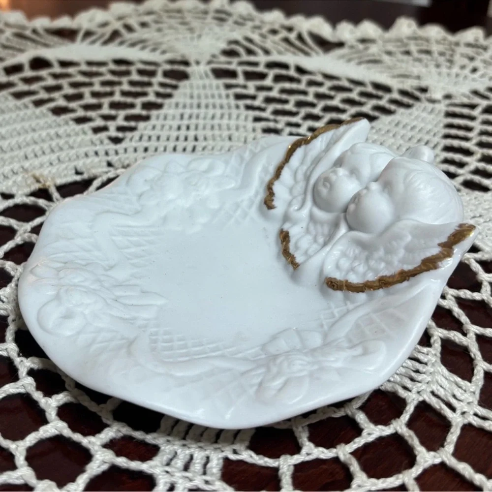 Victorian Angels Porcelain Cherub Plate White Gold Vintage Cottage Core Home